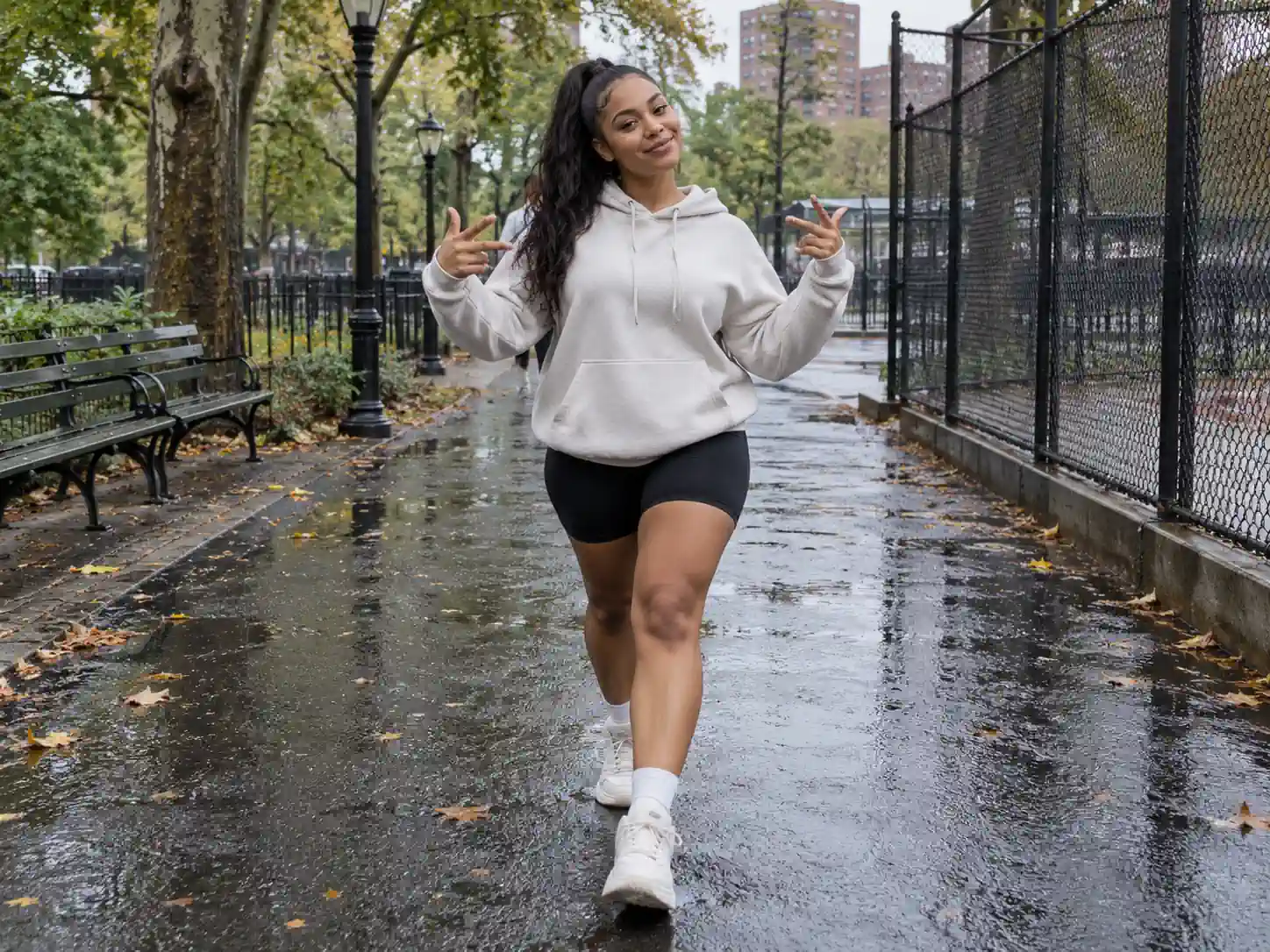 A young woman in a hoodie walking toward the camera with attitude on a park path, a Fergie Baby AI trend video with a friend