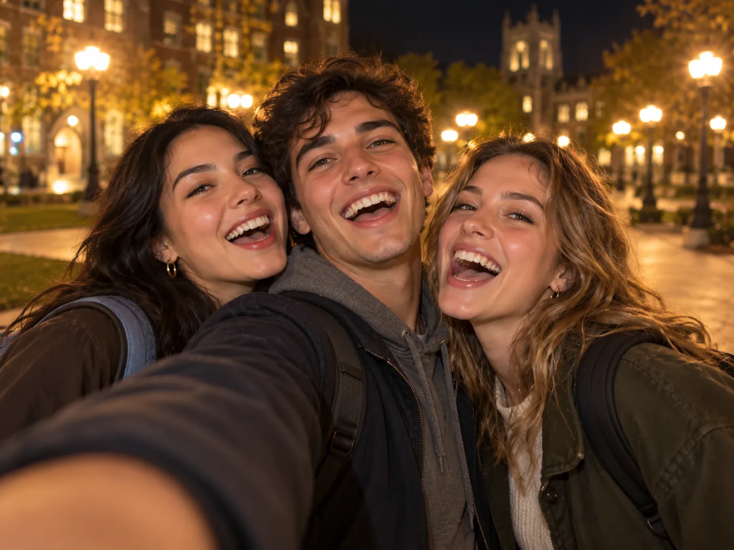 Two young women and a young man squeezed into a night-time selfie on a campus plaza, laughing, a classmates Gangnam Style AI video
