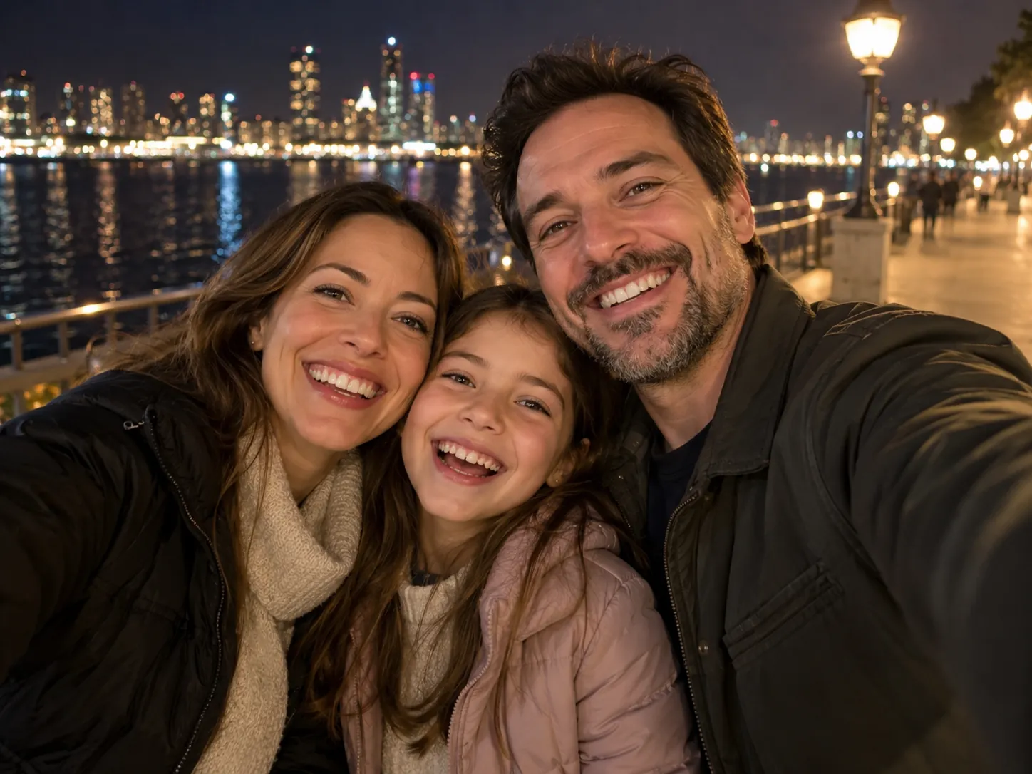 A mother, father and daughter squeezed into a selfie on an evening city promenade, a family Gangnam Style AI video