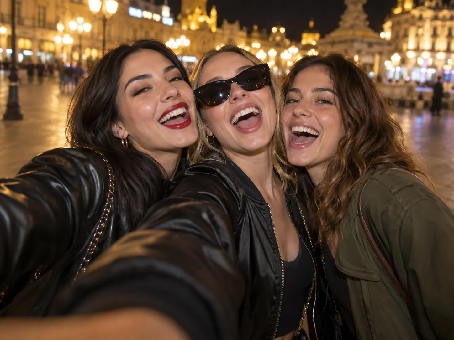 Three friends squeezed into a night-time selfie on a lit city plaza, laughing at the camera, a Gangnam Style AI video made from three photos