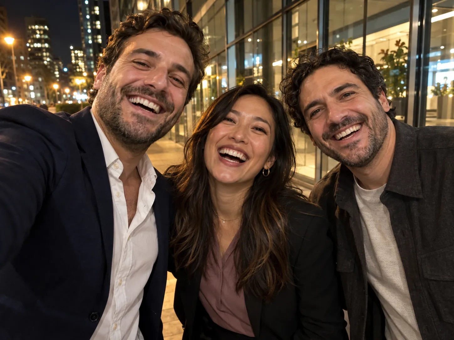Three colleagues squeezed into a selfie outside their office at night, a team Gangnam Style AI video