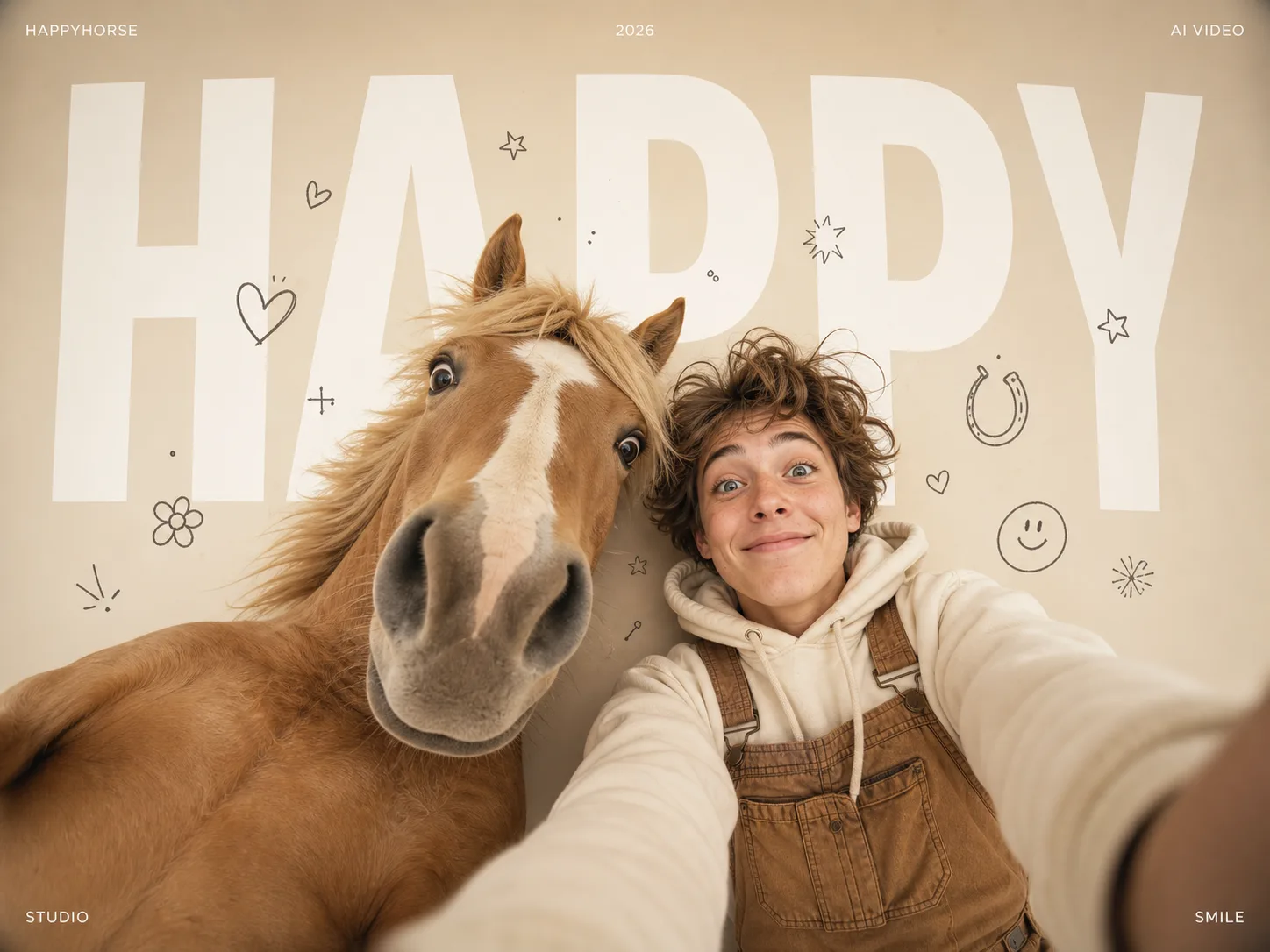A person and a horse lying side by side taking an overhead selfie on a cream background