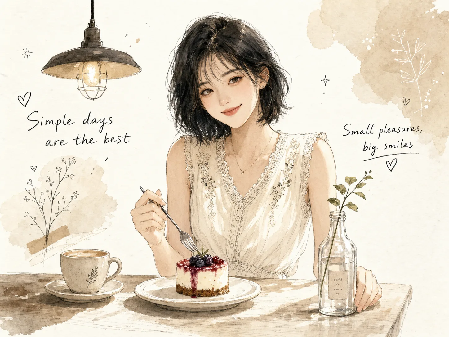 A watercolor illustration of a young woman at a cozy café table with cheesecake and coffee