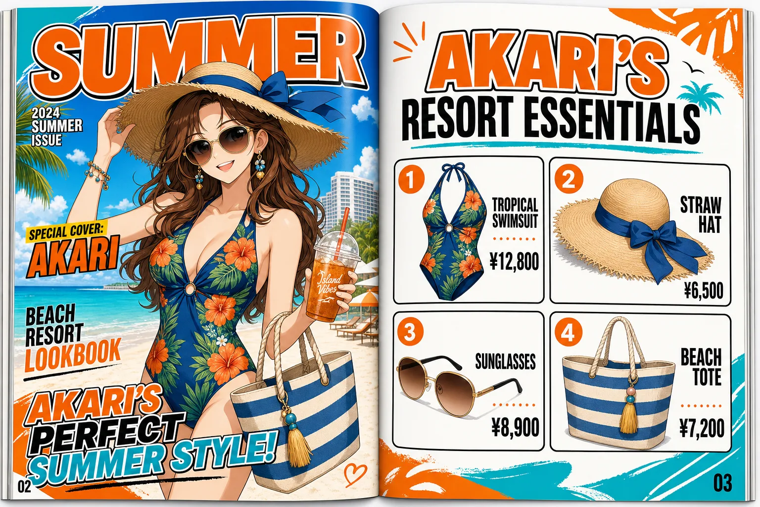 A bright anime summer fashion magazine spread featuring a beach resort lookbook