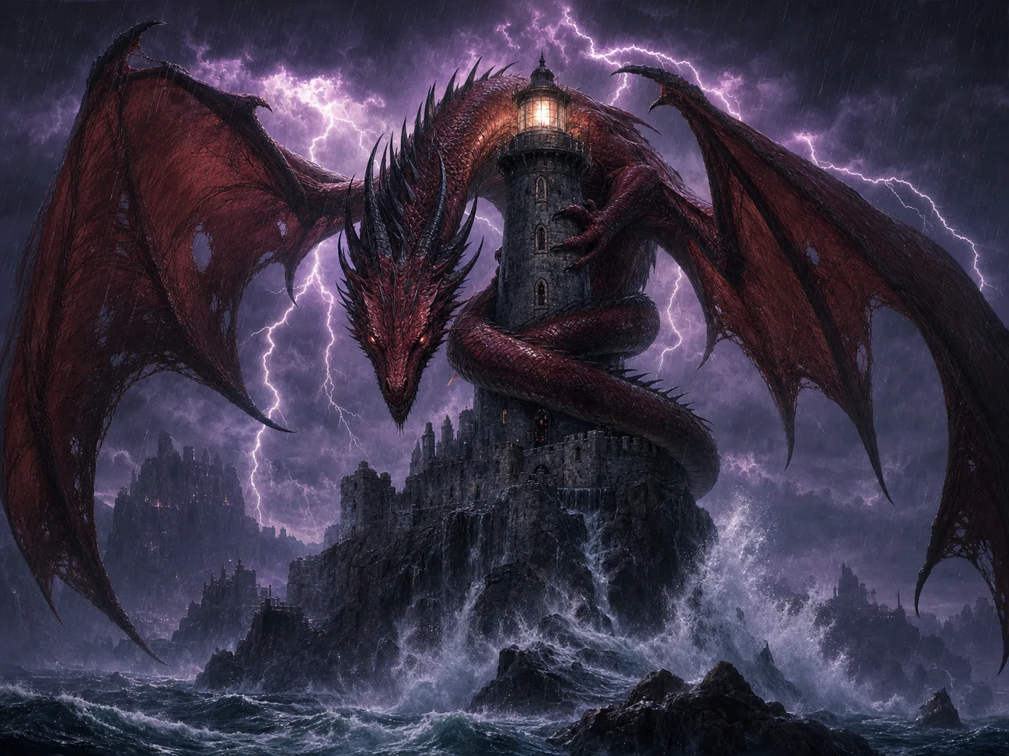 A red dragon coiled around a stone lighthouse during a night thunderstorm