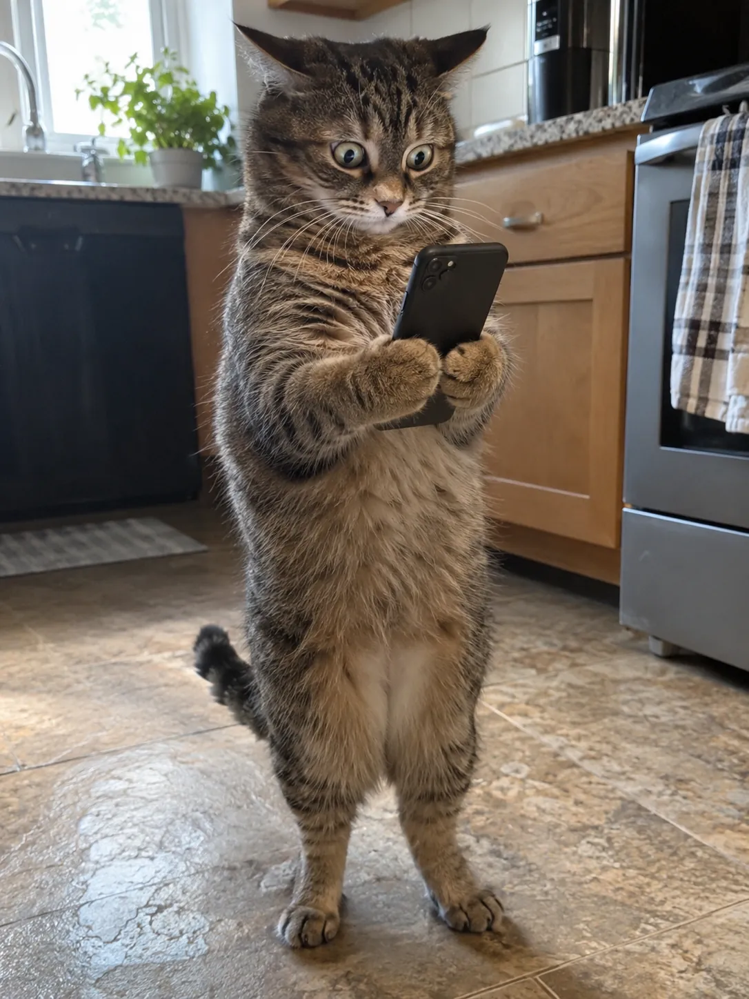 A tabby cat standing upright on a kitchen floor staring at a phone in shock after ChatGPT tells it to get a job