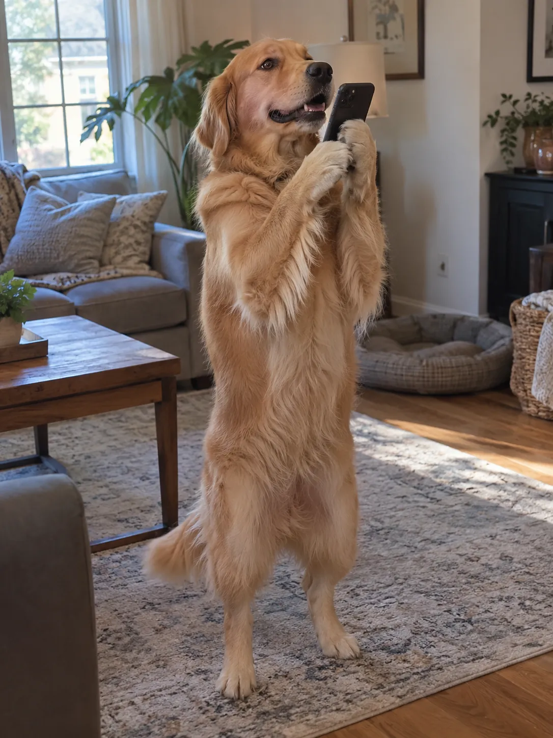 A golden retriever standing upright in a living room holding a smartphone to its mouth, a How I Become a Millionaire AI video starring a dog