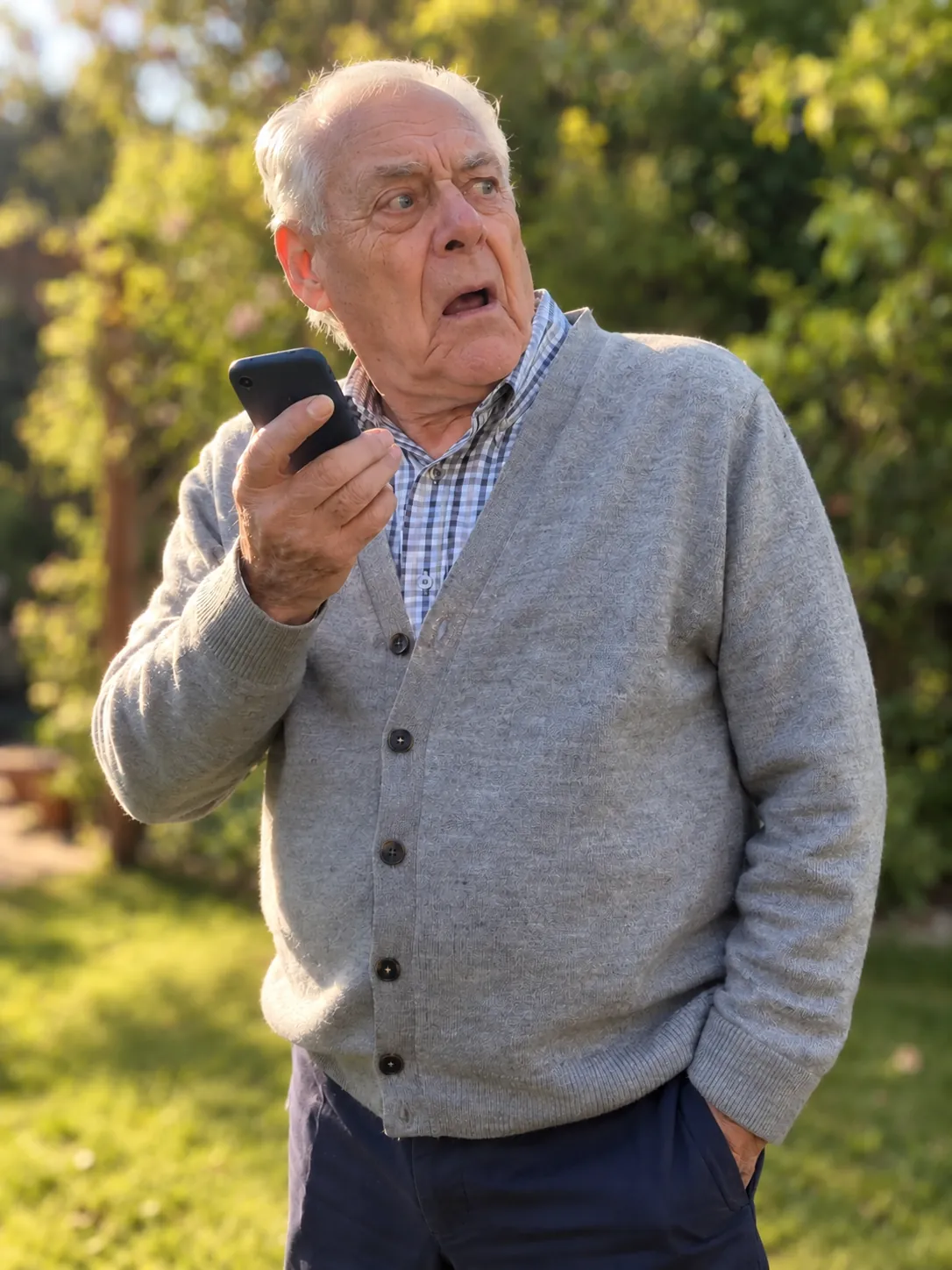A grandfather in a cardigan in his back garden reacting in offended disbelief to his phone, a family version of the How I Become a Millionaire meme