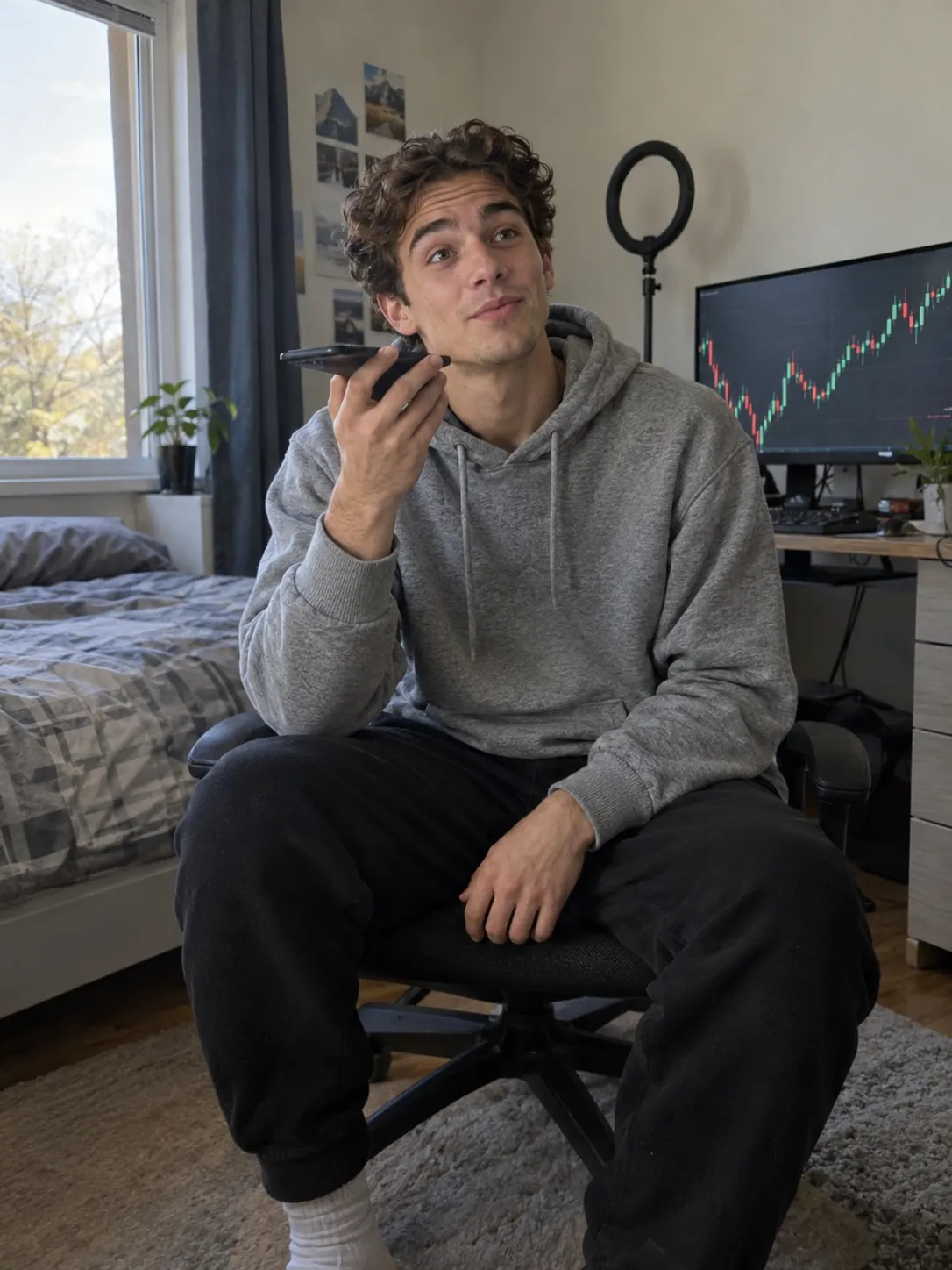 A young man in a hoodie in his bedroom holding his phone to his mouth like a voice message, asking ChatGPT how to become a millionaire in 30 days