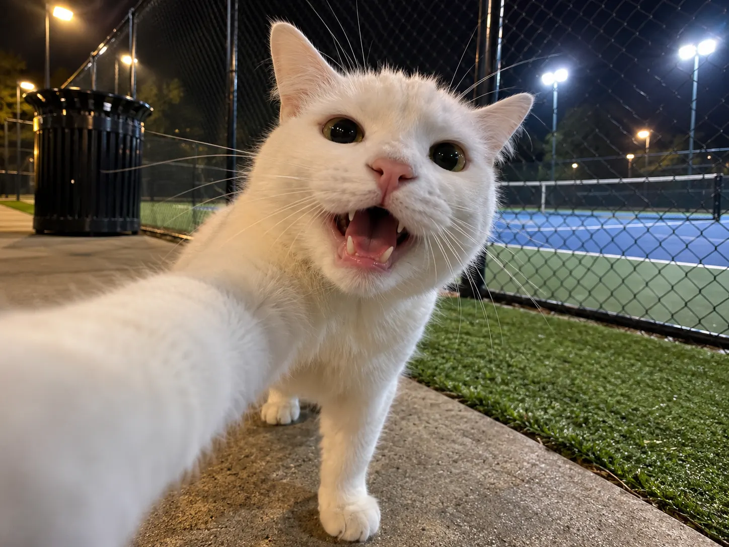 A white cat in a night-time tennis-court selfie lip-syncing, an I Wanna Love You AI video made from one cat photo