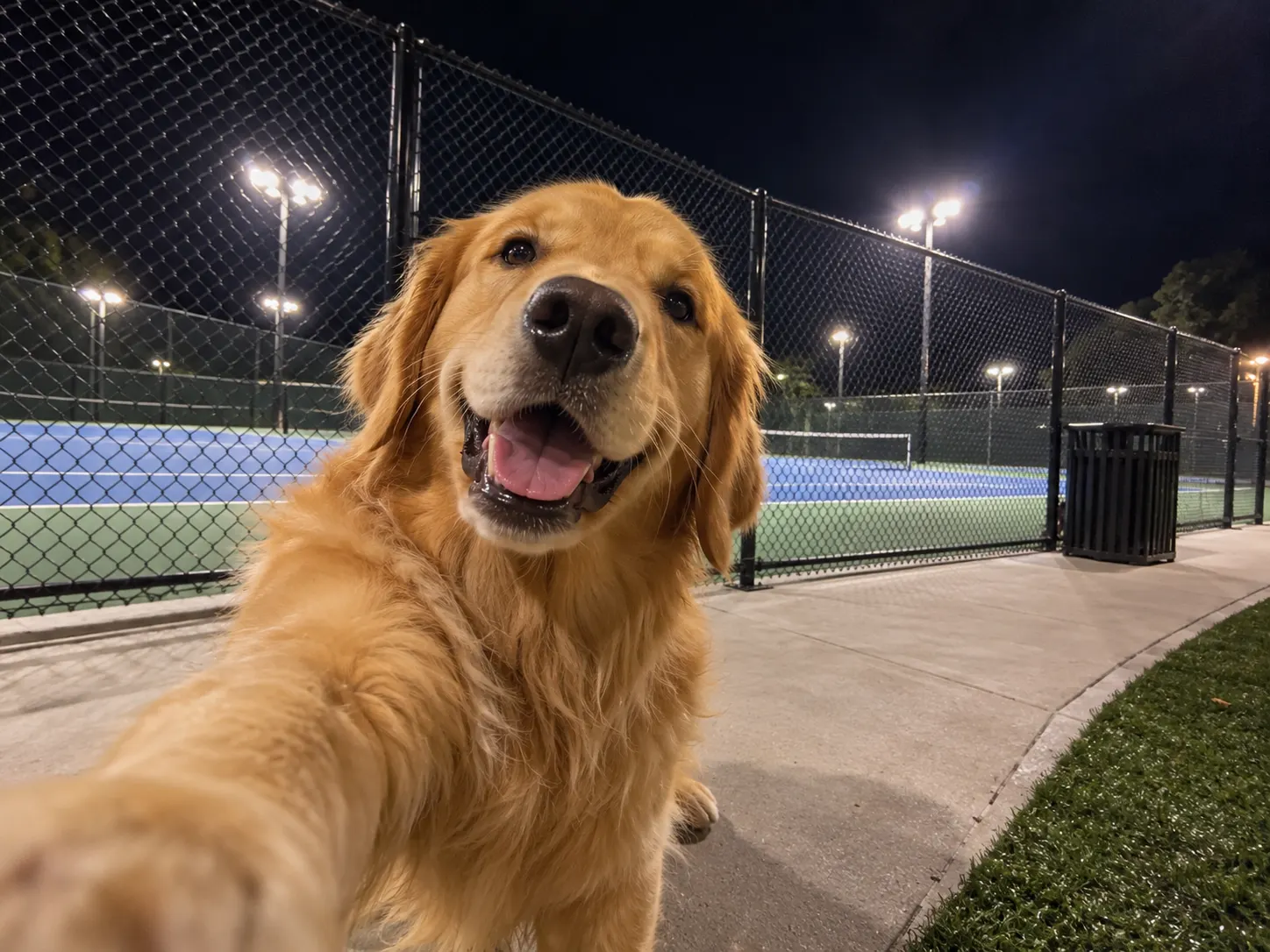A golden retriever lip-syncing in a night-time tennis-court selfie, a dog I Wanna Love You AI video