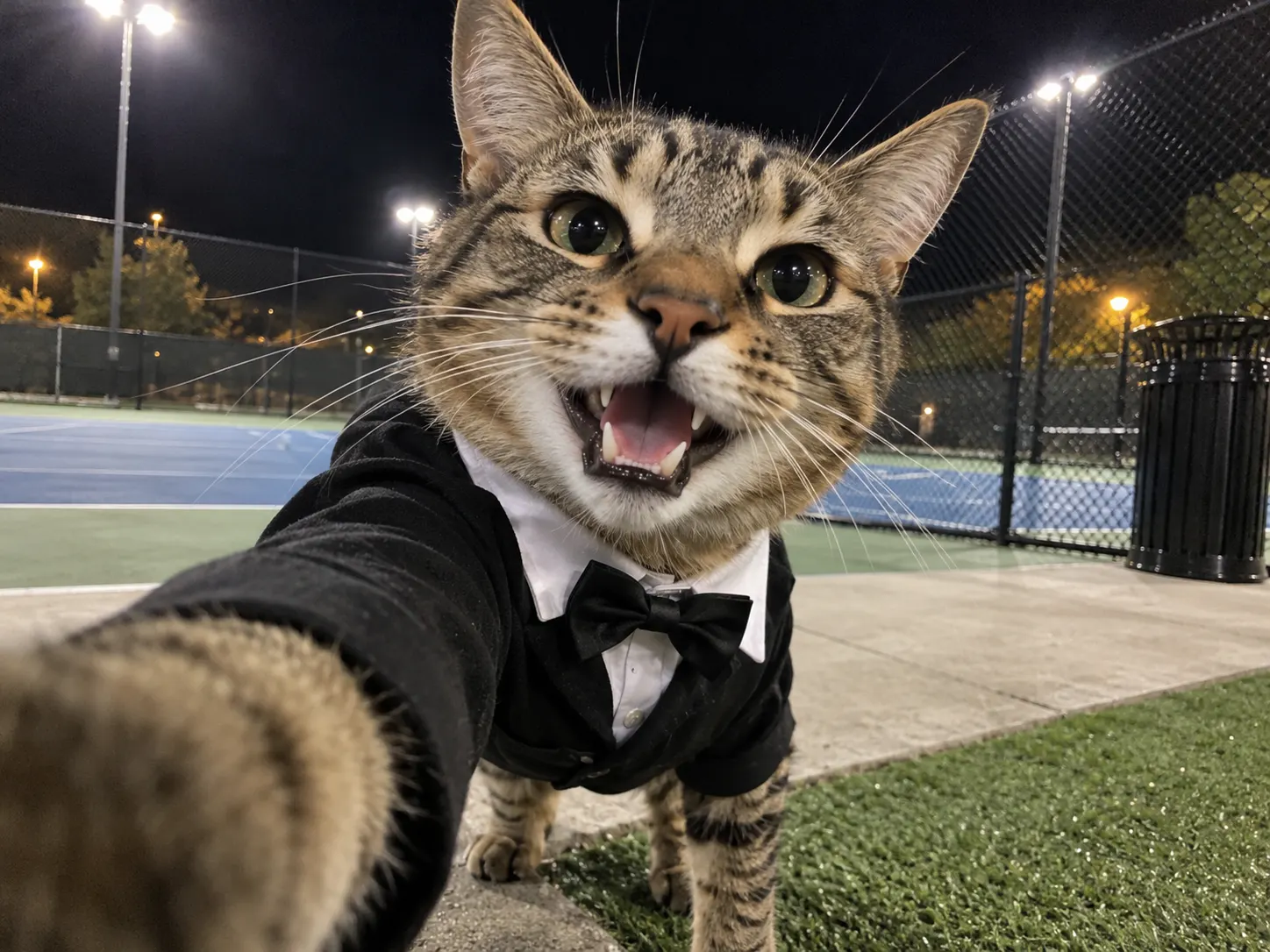A tabby cat in a small black suit lip-syncing in a night-time tennis-court selfie, a dressed-up I Wanna Love You AI video