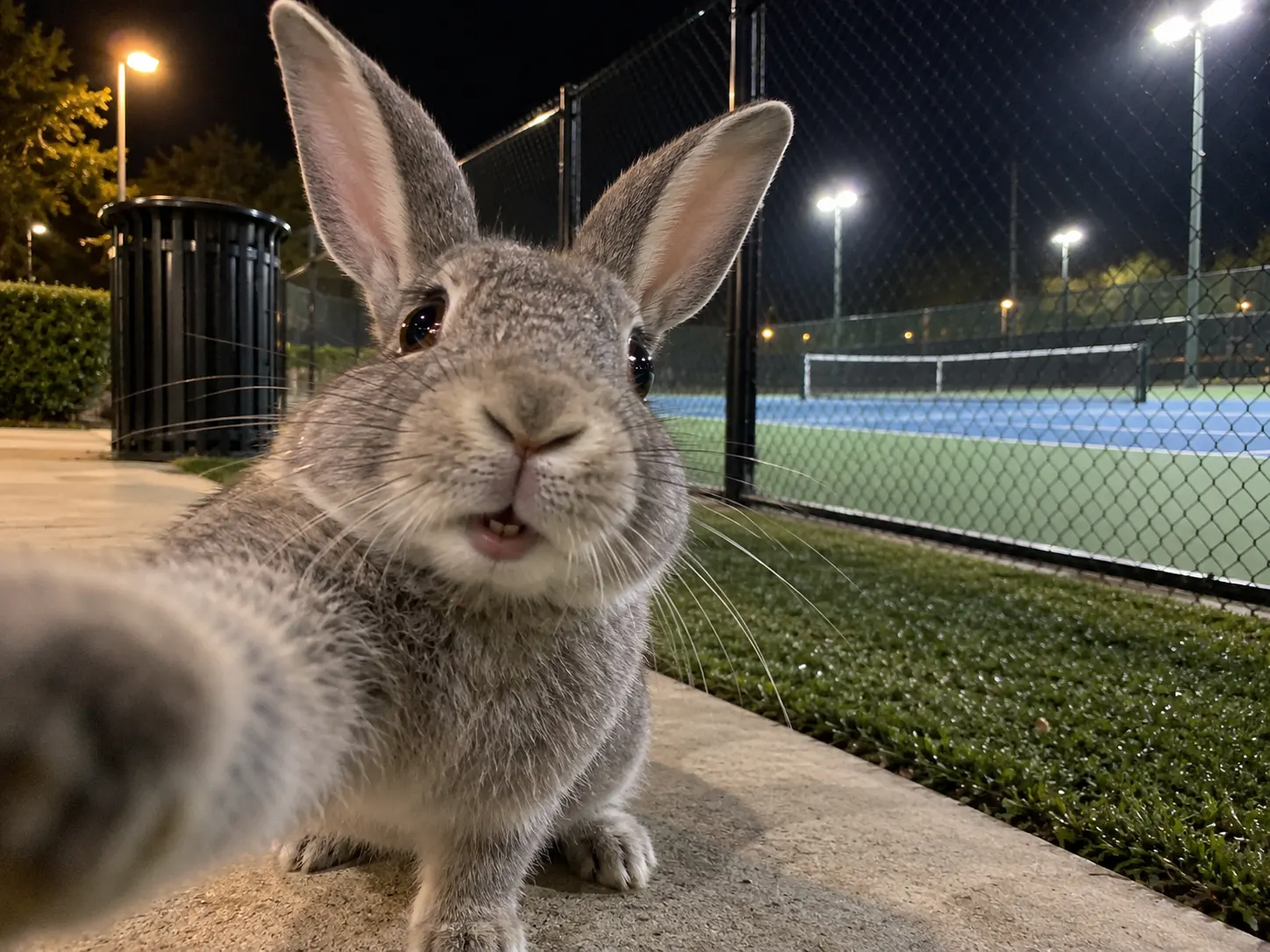A grey rabbit lip-syncing in a night-time tennis-court selfie, a small pet in an I Wanna Love You AI video