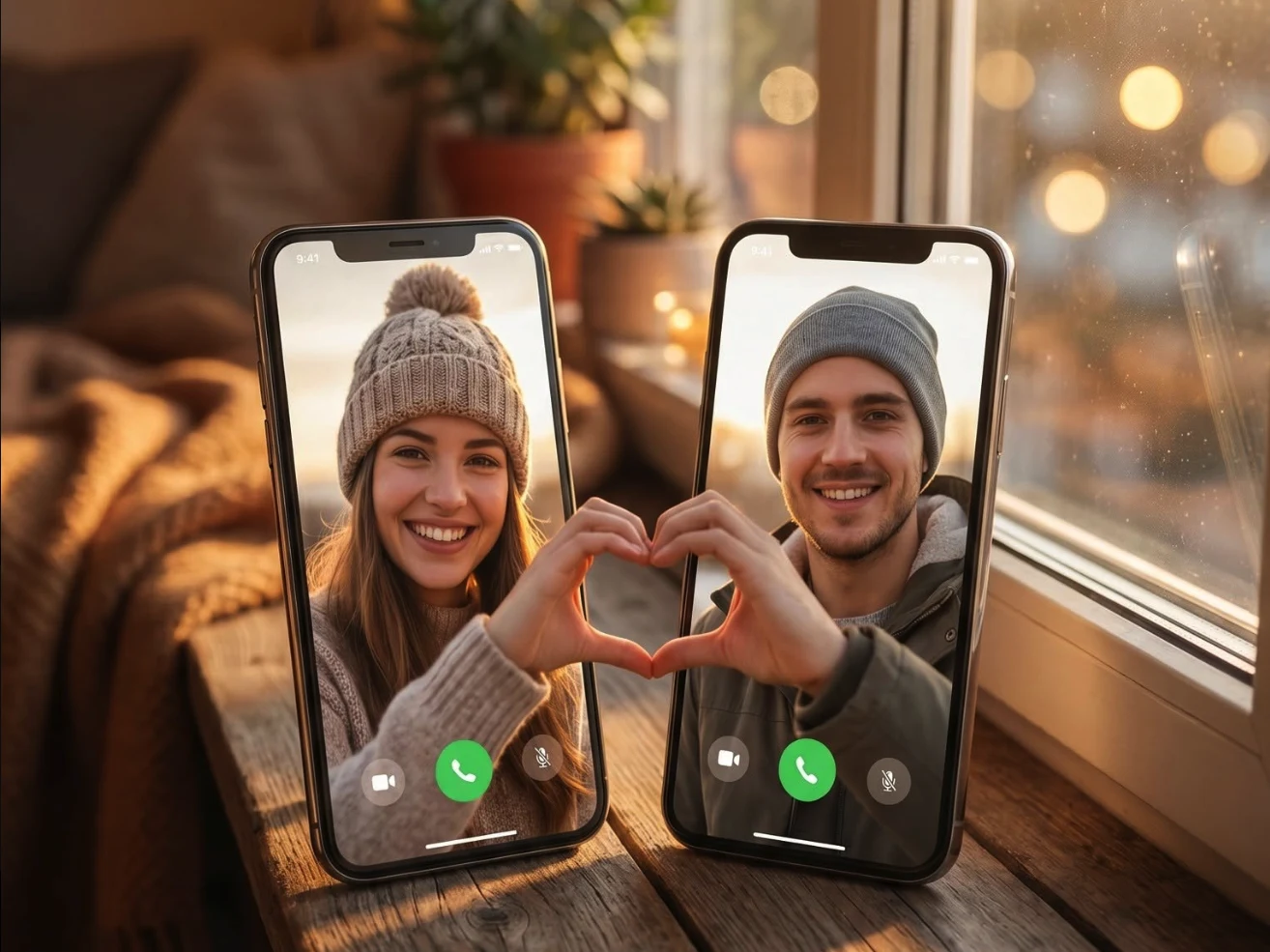 Two smartphones on a wooden table showing a romantic video call, warm cinematic lighting