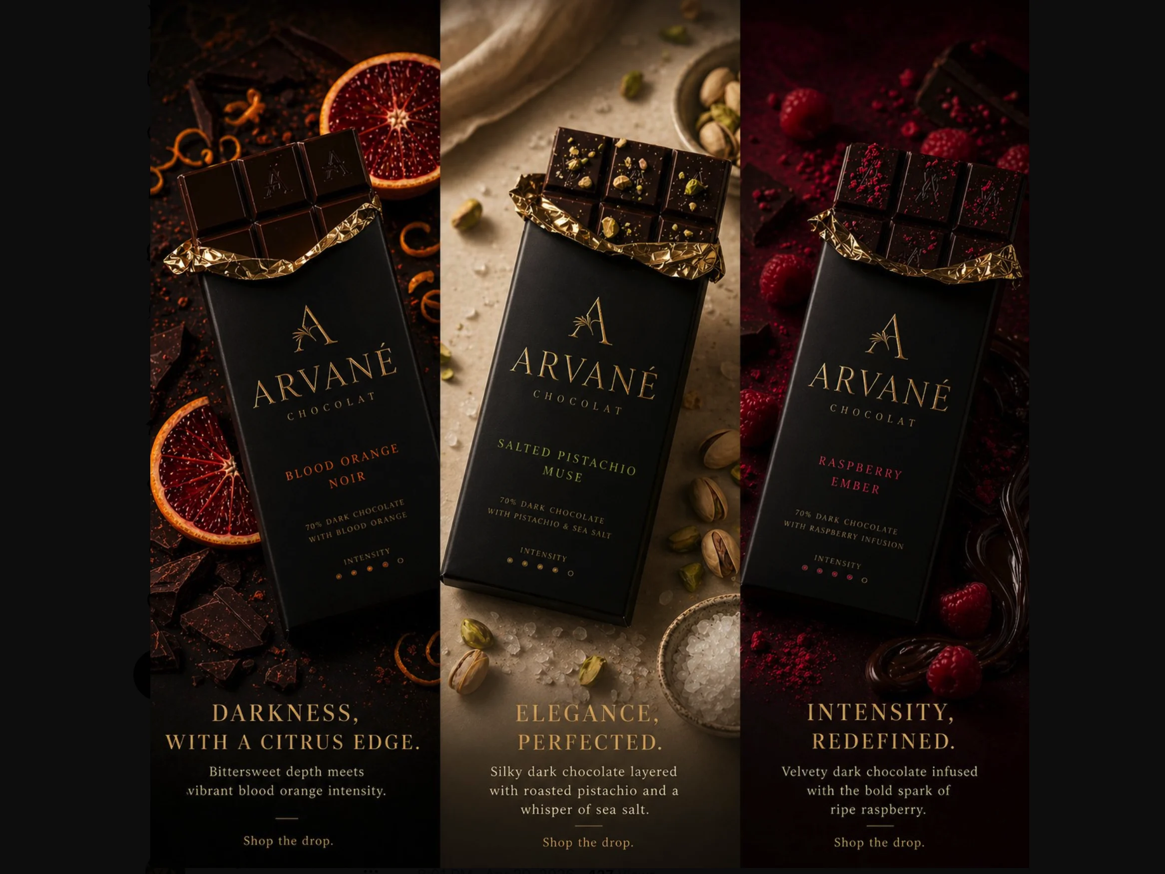 Luxury dark-chocolate campaign with three bars, gold foil and dramatic lighting