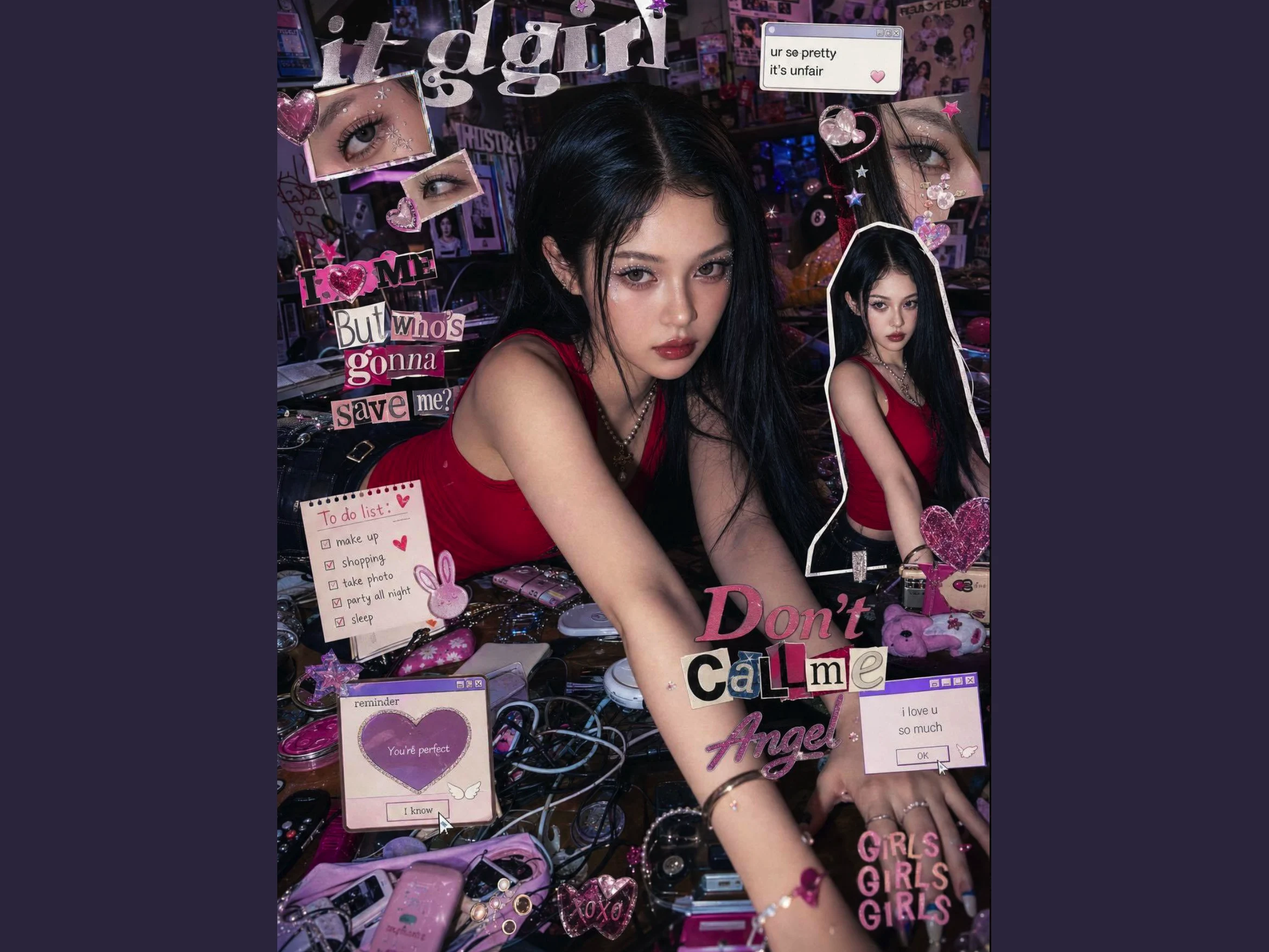 Y2K cyber-pop editorial poster collage with a model in red and pink sticker graphics