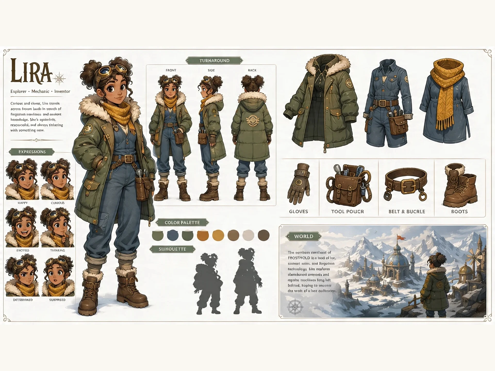 Character model sheet with turnarounds, expressions, color palette and props