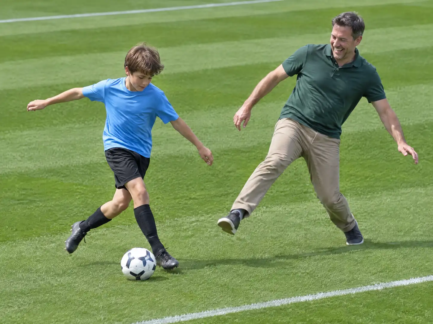 A boy in a football shirt beating his father with a fake rabona on a grass pitch, the father stretching for the ball, a family Lamine Yamal rabona AI video