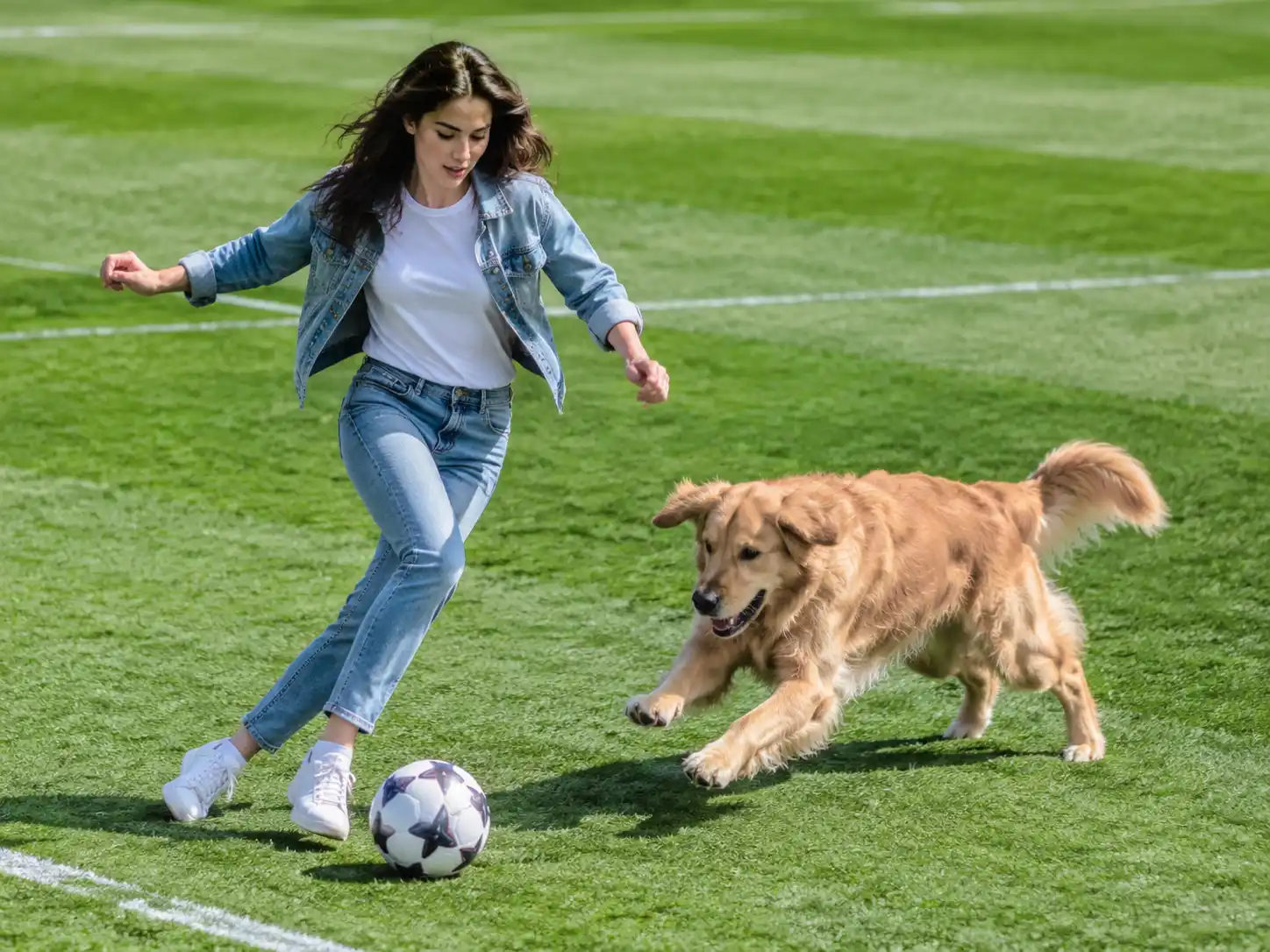 A woman dribbling past a golden retriever that lunges for the ball on a football pitch, a pet version of the Lamine Yamal rabona AI trend