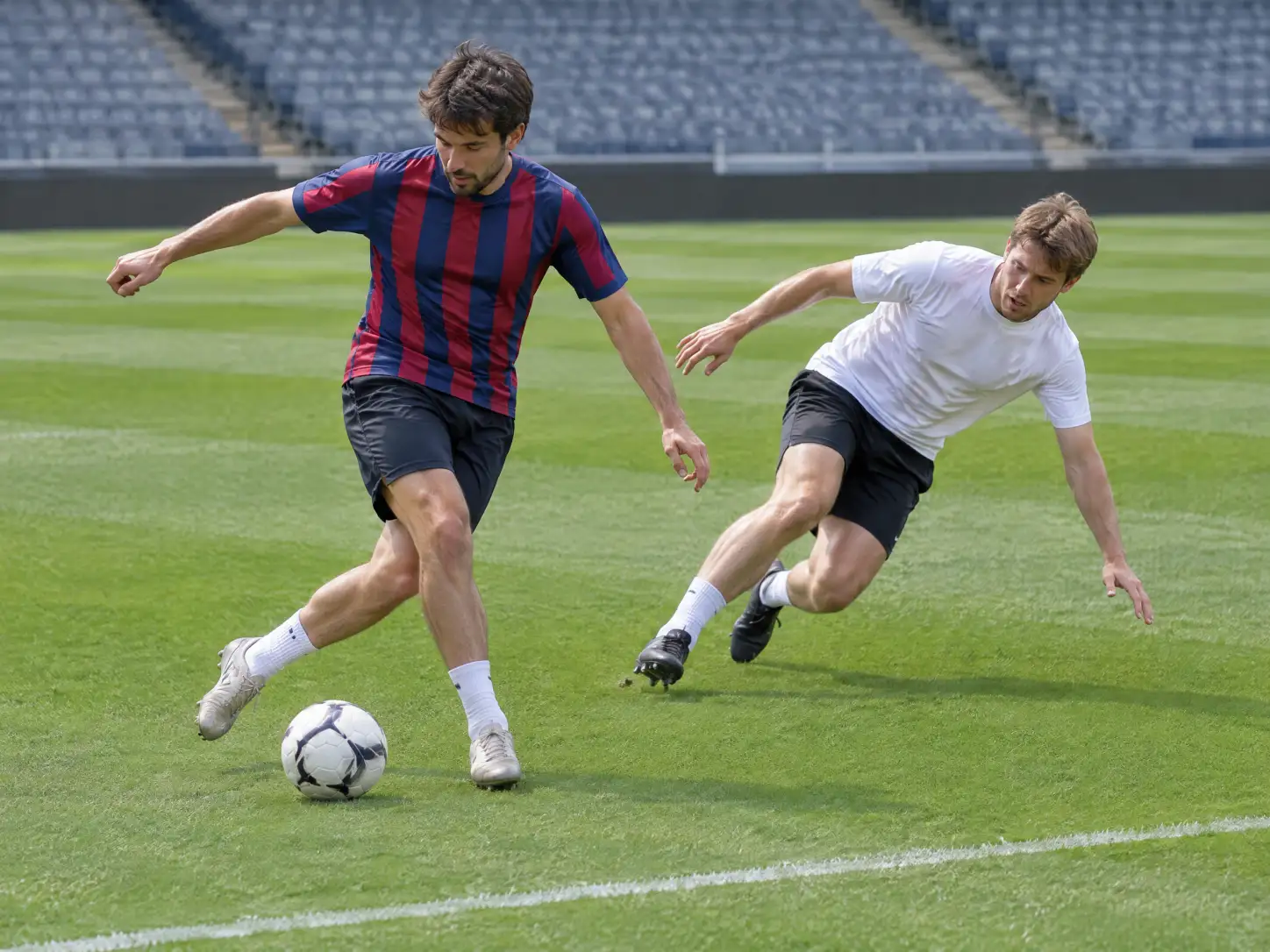 Two fans in rival football shirts, one beating the other with a fake rabona on a stadium pitch, a Yamal rabona AI meme video