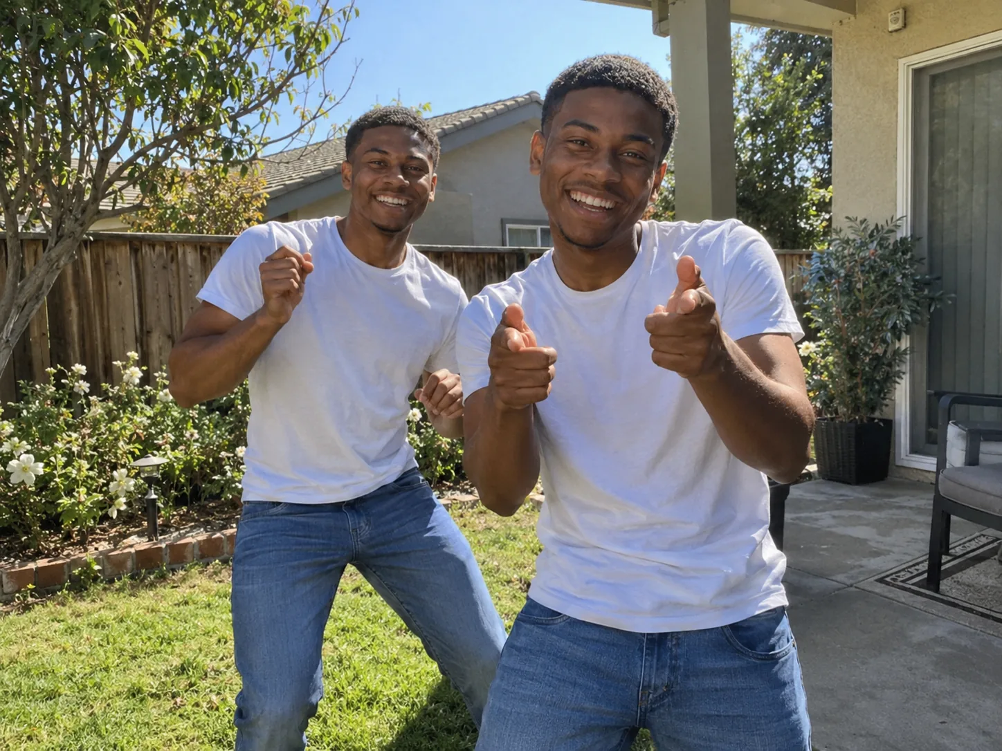 Two identical copies of the same young man in a white t-shirt dancing in a sunny backyard, the front one doing finger-guns, a Mi Chico AI video made from one photo