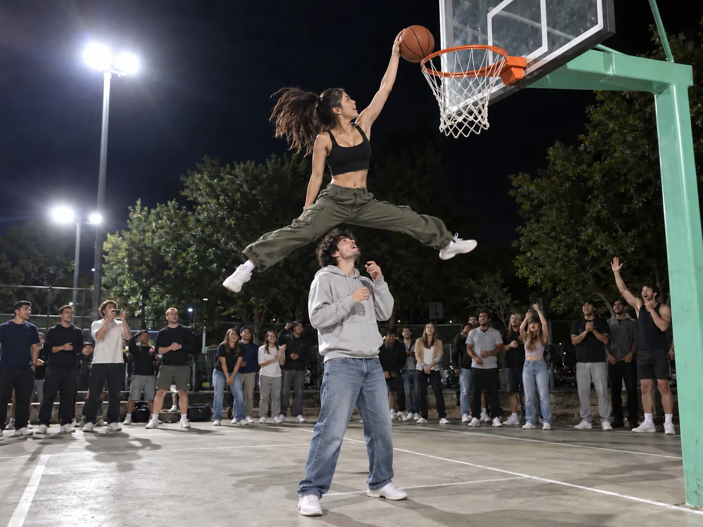 A woman in a crop top leaping over her boyfriend under a basketball hoop at night while a crowd watches, a couple version of the middle finger dunk AI trend