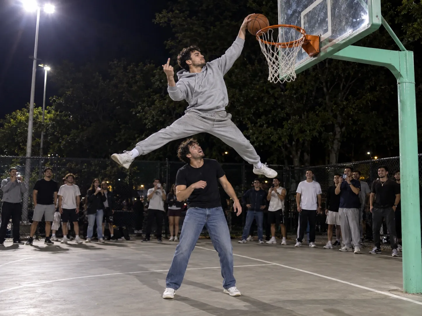 A guy in a grey hoodie flying over his friend at a floodlit night court with one finger raised, a middle finger dunk AI video with friends