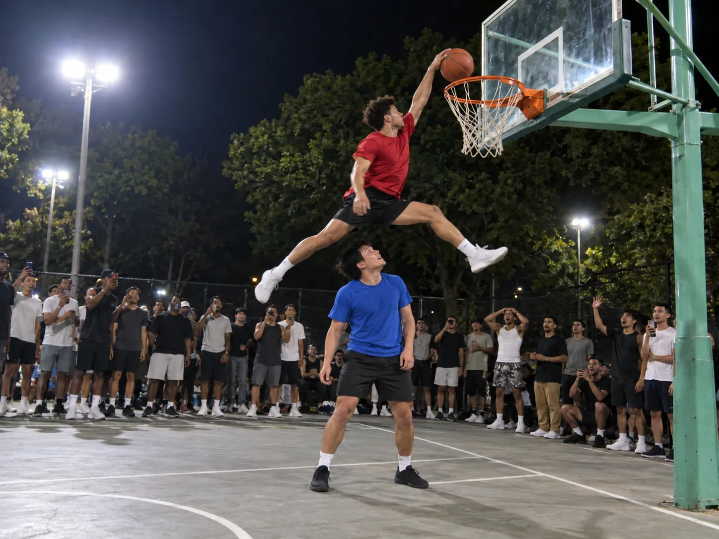 Two rec league players in different team shirts, one leaping over the other toward the hoop on an outdoor court at night, a basketball middle finger AI video