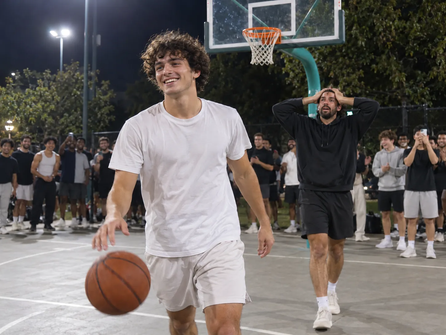 A younger brother walking toward the camera with a basketball after scoring over his older brother on a night court, a sibling middle finger dunk AI video