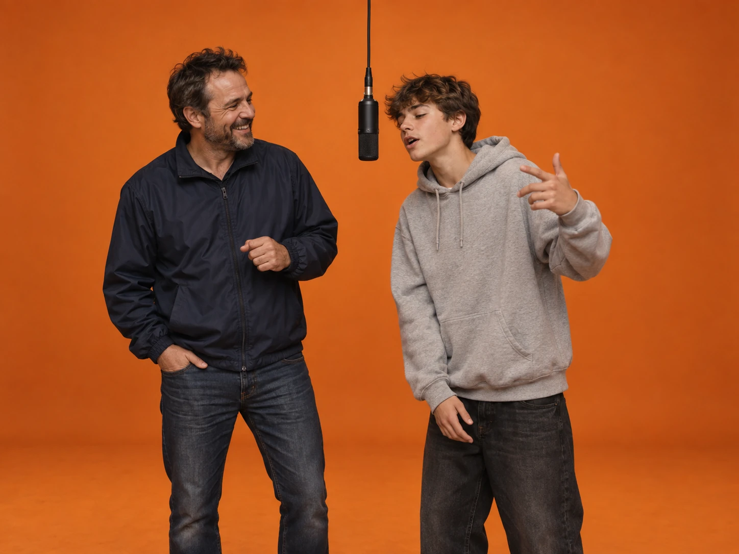 A father and his teenage son performing together at a hanging microphone in a seamless orange studio