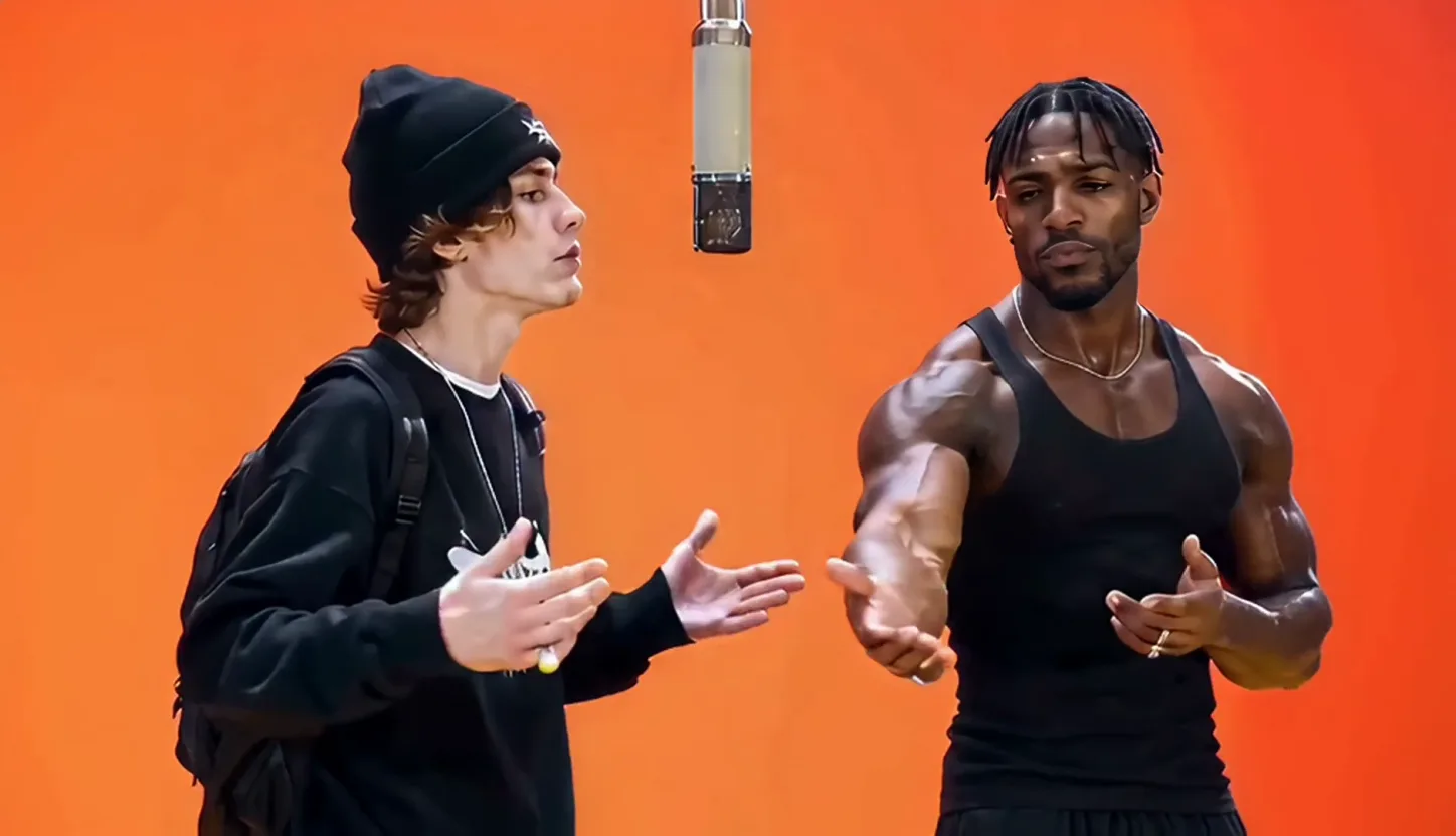 Two friends in streetwear trading verses at a hanging microphone in a seamless orange booth