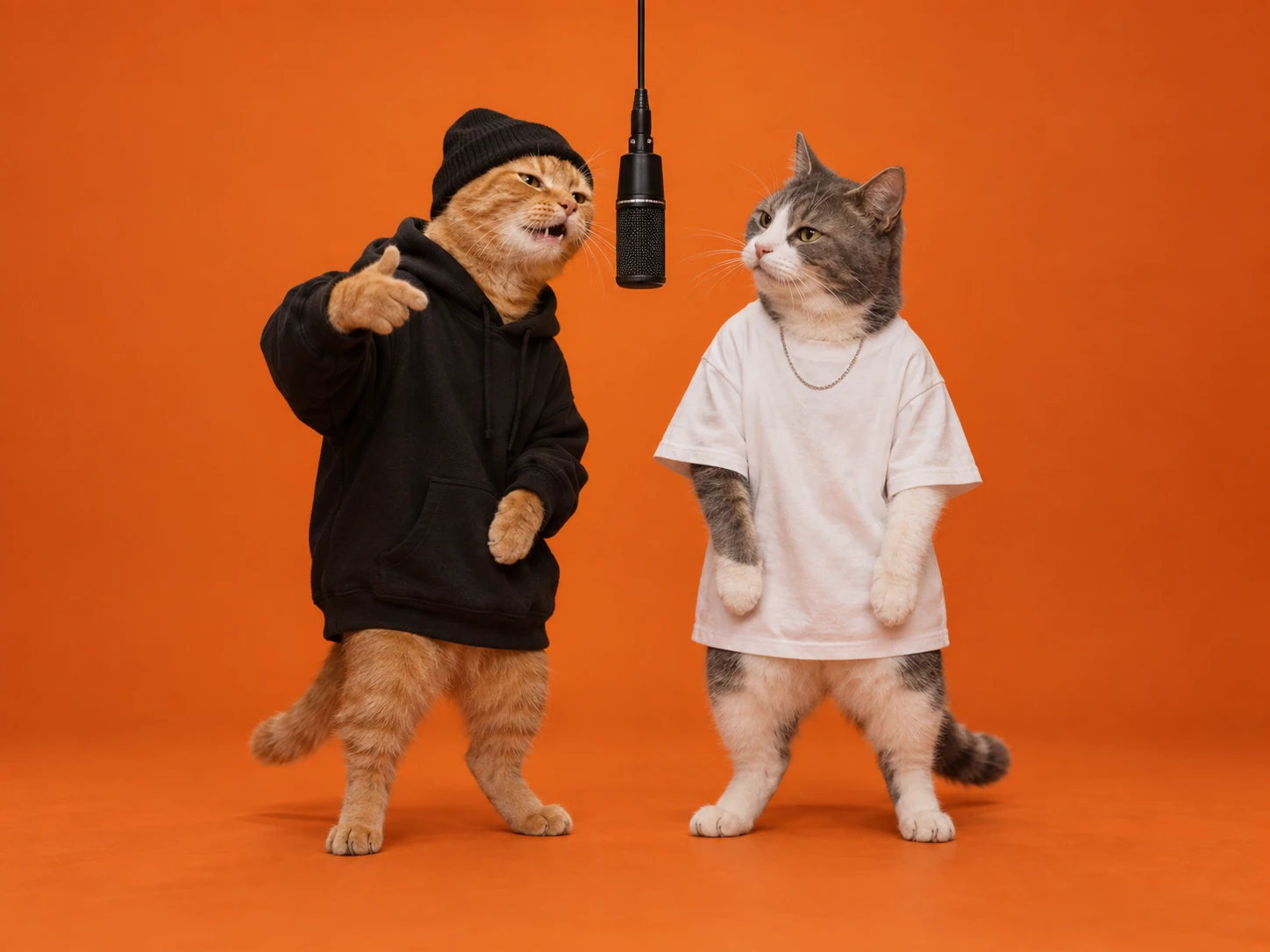 A ginger cat in a black hoodie and a grey-and-white cat in a white T-shirt standing upright at a hanging microphone in an orange booth