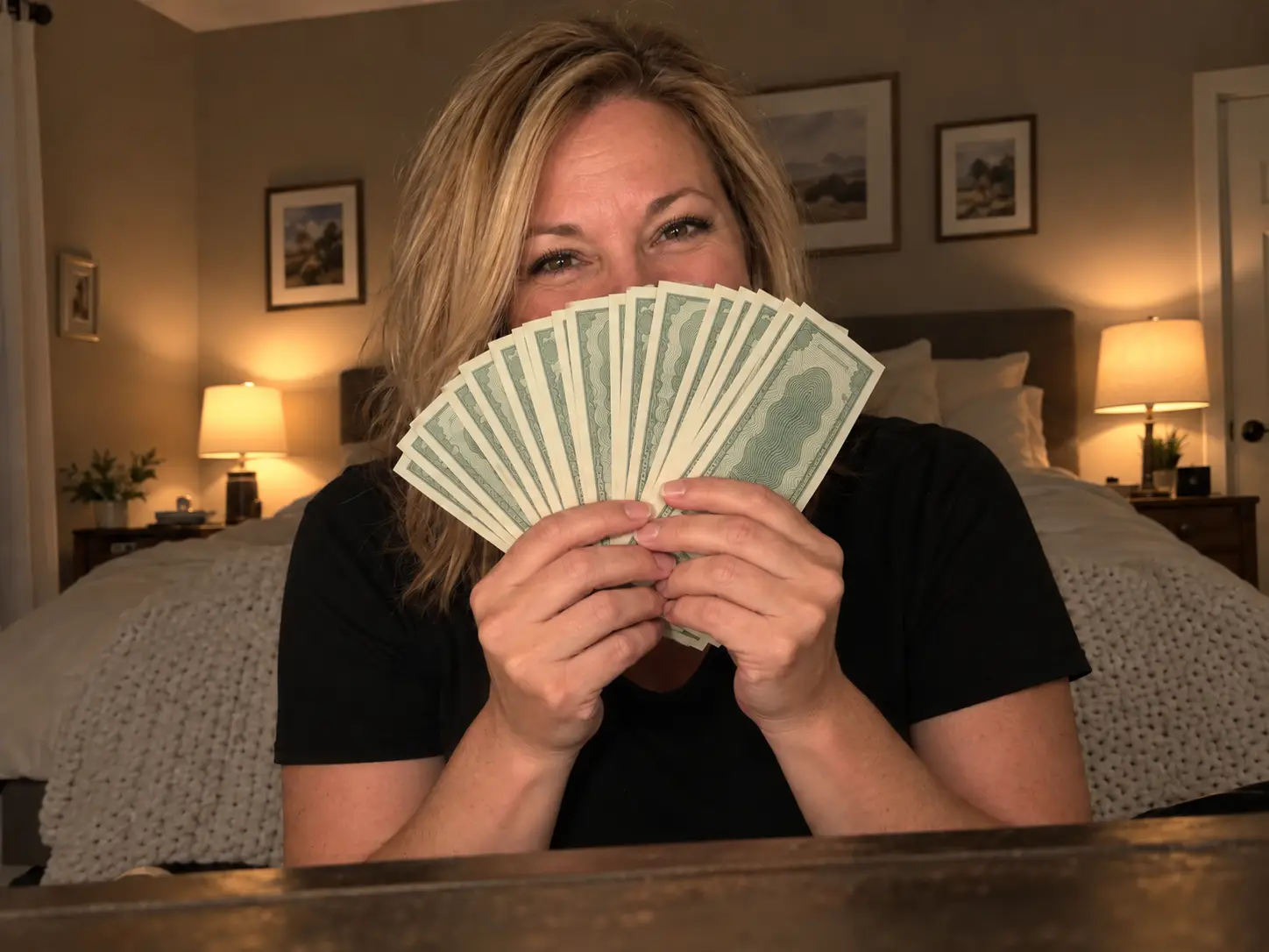 A smiling woman in her forties fans a wide spread of hundred-dollar bills in front of her face in a bedroom, a money flex AI trend video for a celebration
