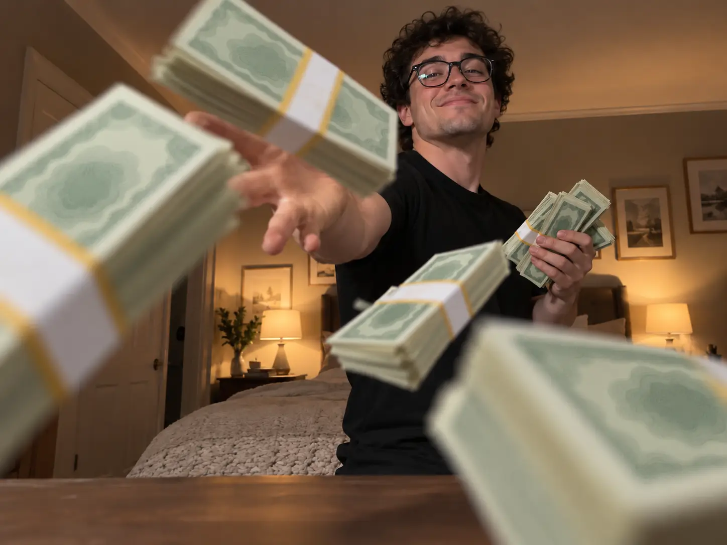 A young man with glasses throws a pile of cash bundles toward the camera in a bedroom, a money flex video made to tease a friend