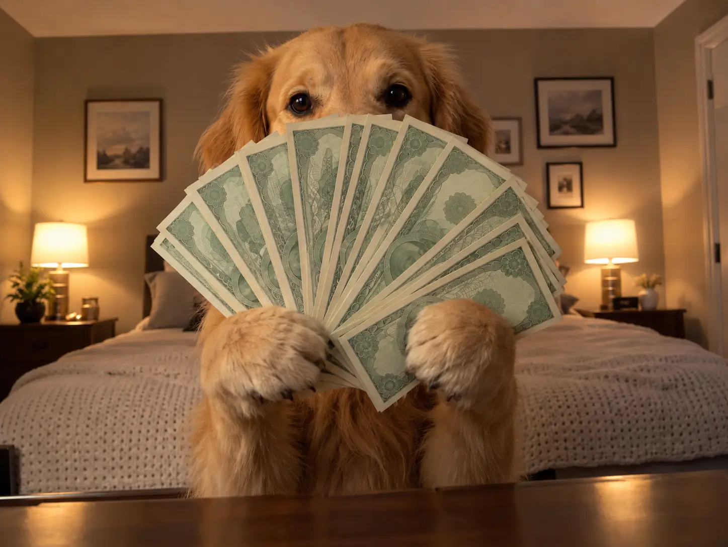 A golden retriever stands upright in a bedroom and peeks over a wide fan of hundred-dollar bills held in its paws, a dog money flex AI video