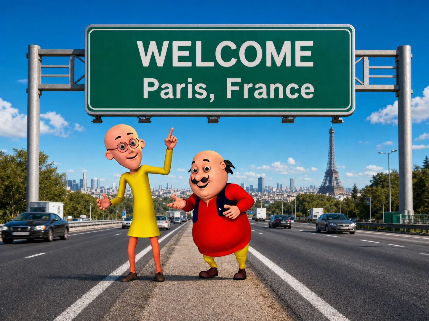Two original cartoon friends smiling below a green Paris highway welcome billboard