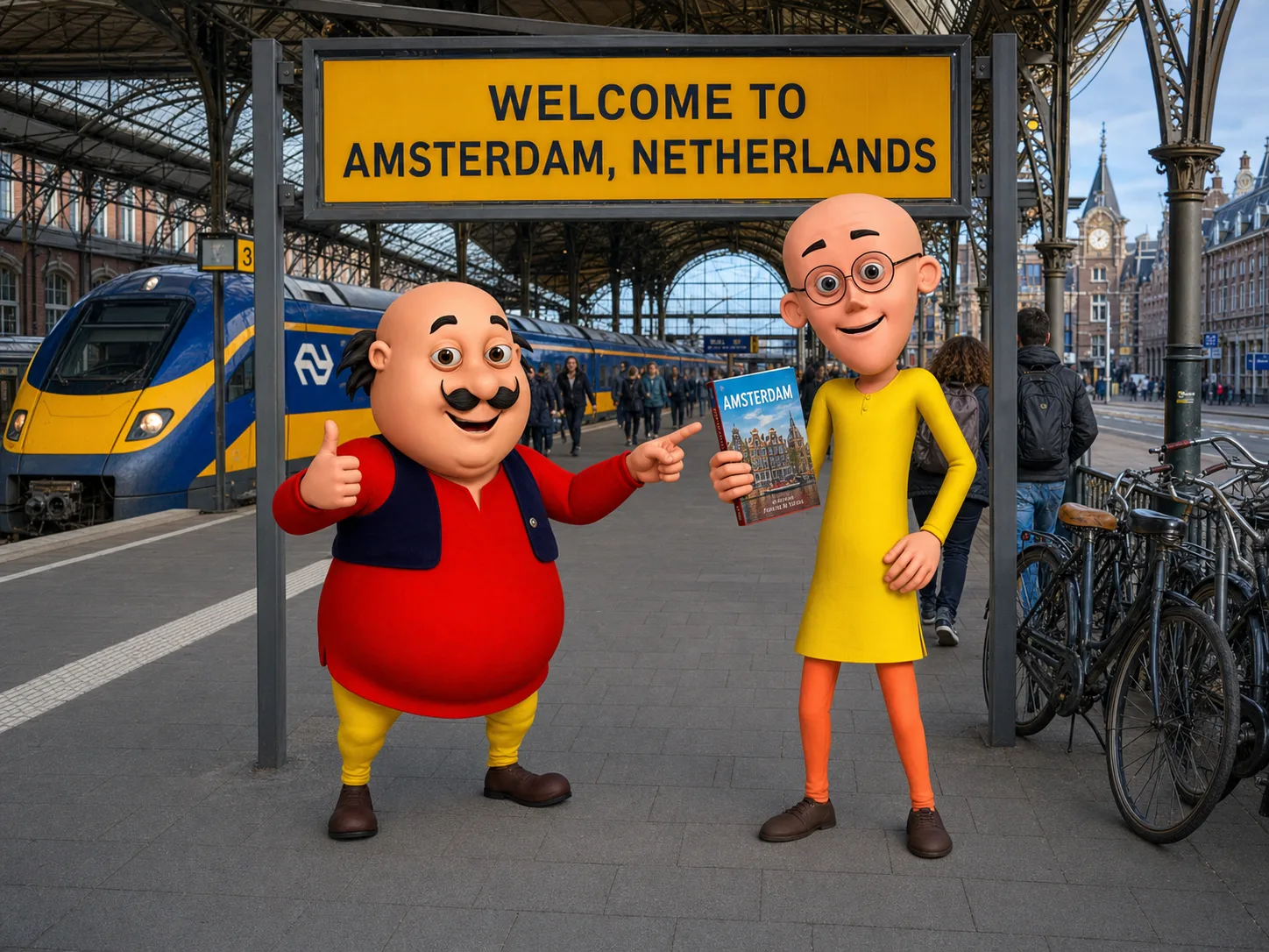 The cartoon duo on an Amsterdam train station platform under a welcome sign