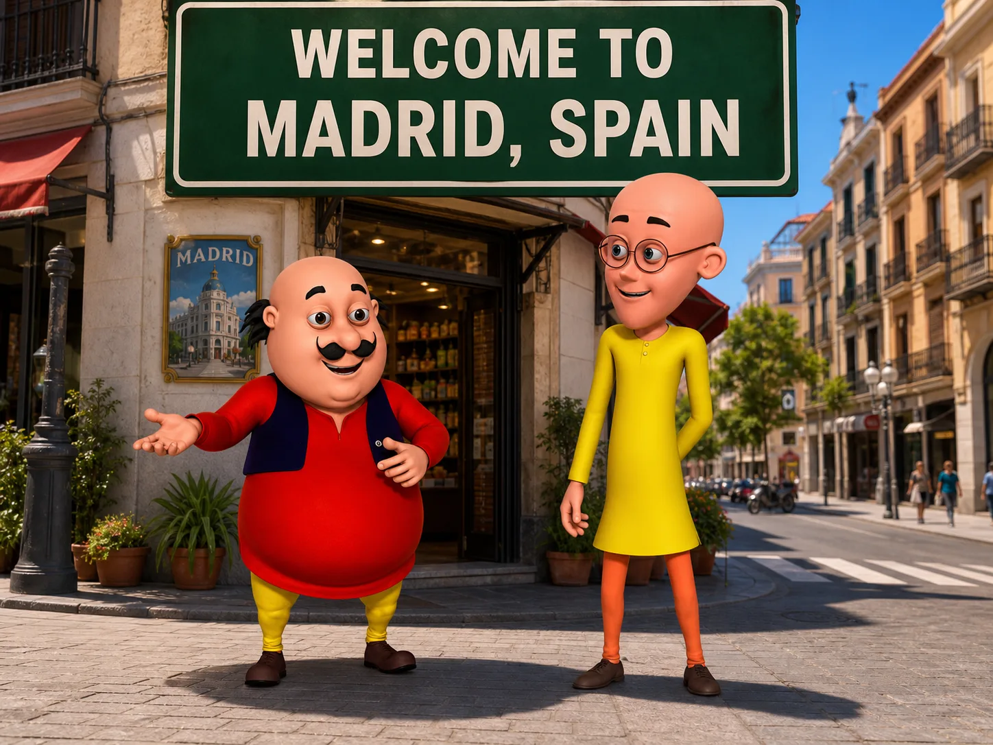 The cartoon duo on a Madrid street below a green welcome sign