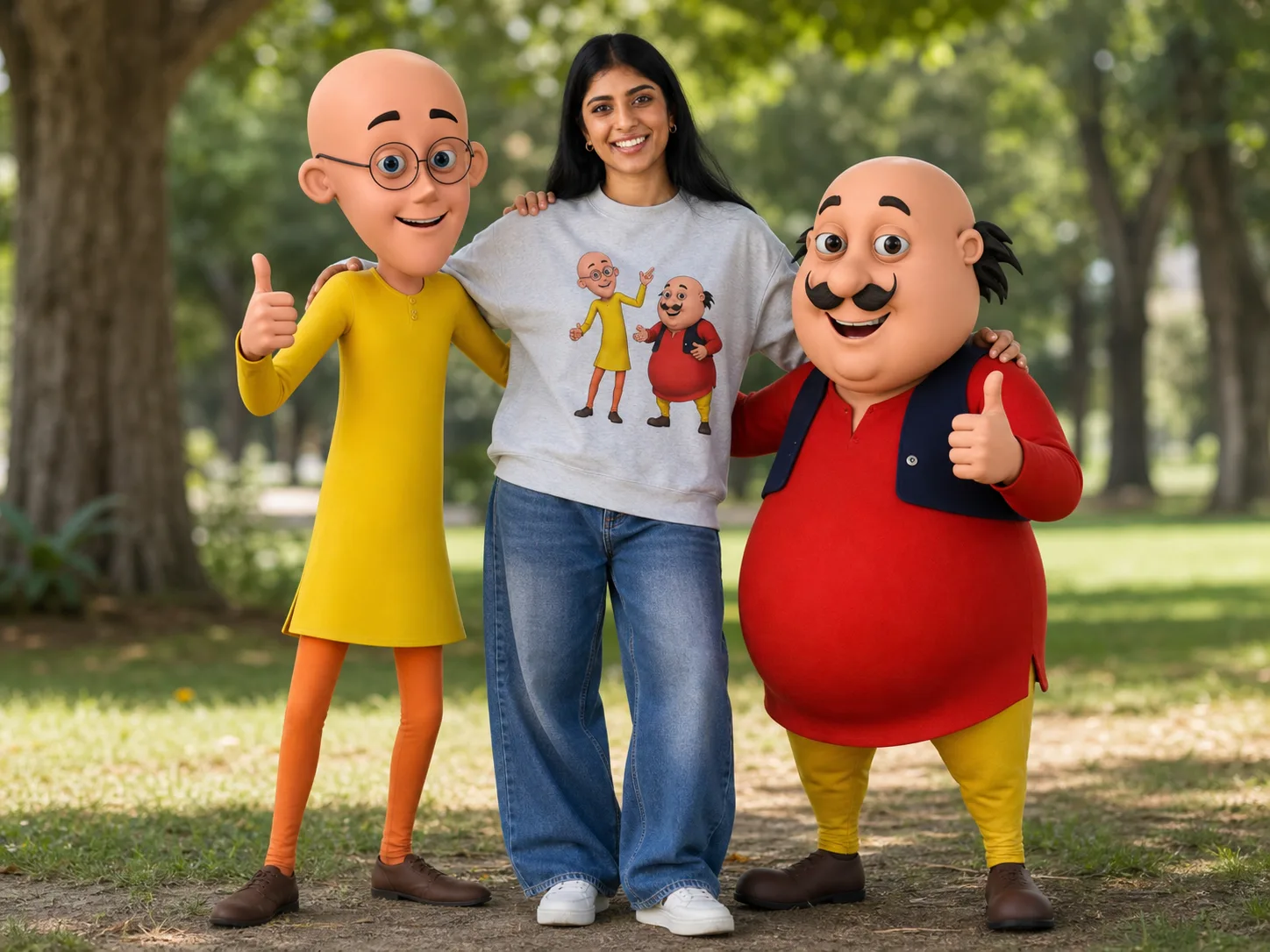 A person in a cartoon-print sweatshirt posing with the life-size cartoon duo in a park