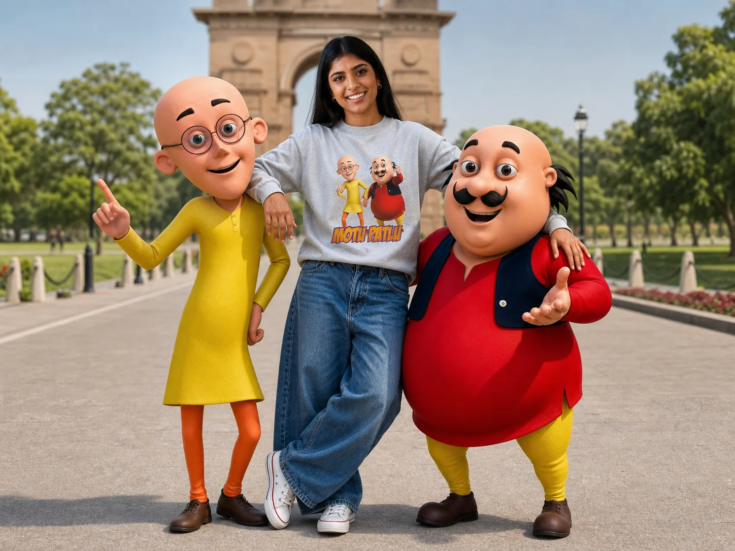 A person posing outdoors alongside the life-size cartoon duo