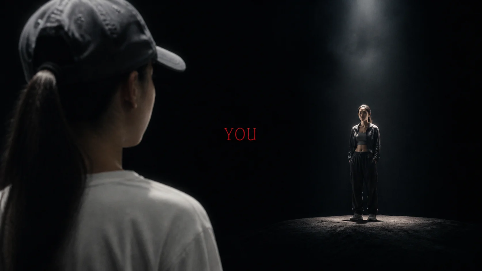 A younger woman looking across a dark arena at her adult self under a spotlight with the word YOU between them