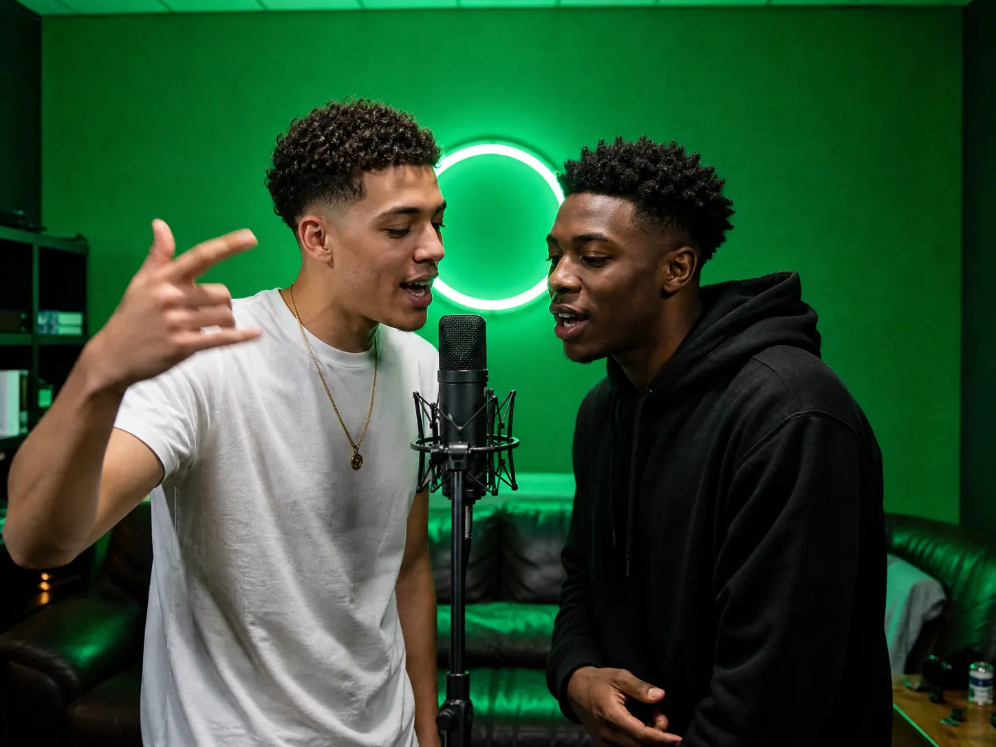 Two young men performing side by side at a microphone on a stand in front of a bright green wall with a round neon sign
