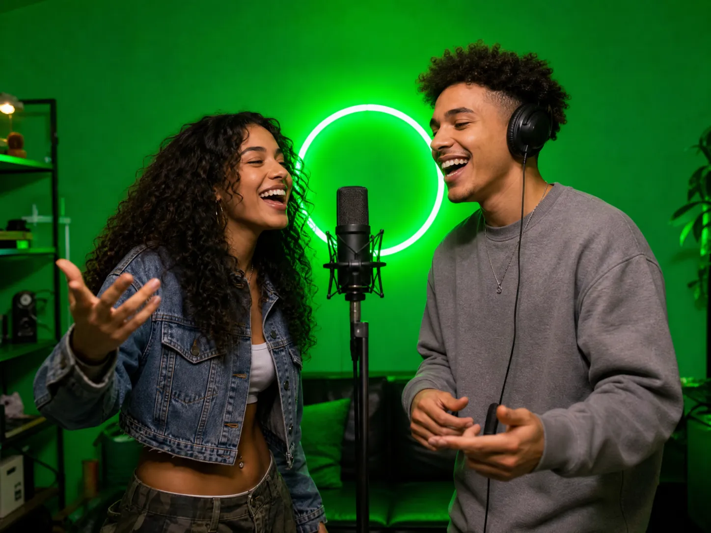 A young couple laughing while they perform together at one microphone in a green-lit radio studio