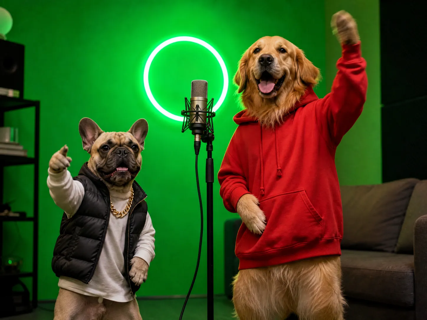 A French bulldog in a puffer vest and a golden retriever in a red hoodie standing upright at a microphone in a green radio booth