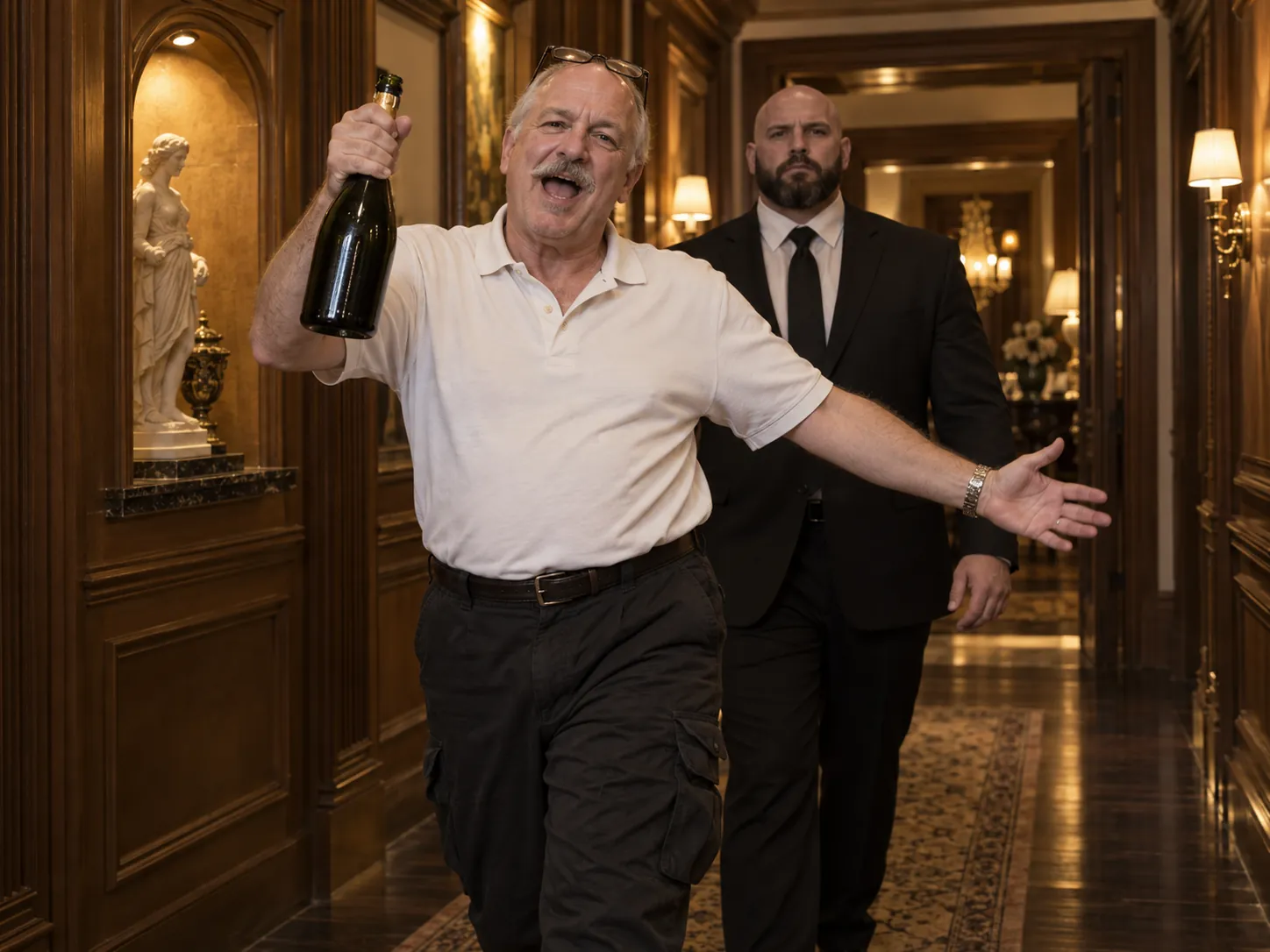A balding dad in his fifties with a grey moustache swaggering toward the camera in a mansion hallway with a champagne bottle raised, a deadpan bald bearded bodyguard behind him