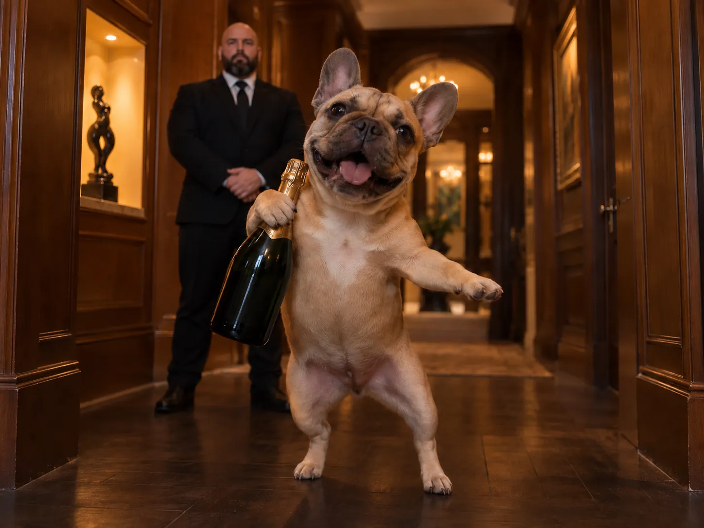 A fawn French bulldog standing upright on its hind legs in a mansion hallway, gripping a champagne bottle with its paw and mouth open as if singing, a bald bearded bodyguard in a dark suit behind it
