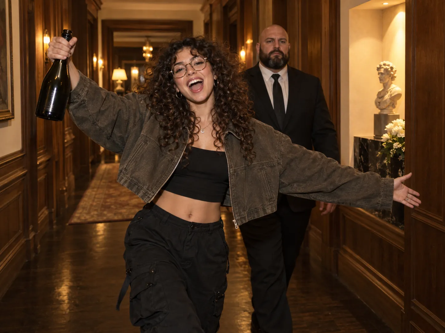 A young woman with curly hair and round glasses laughing mid-lyric with her arms flung wide in a mansion hallway, holding a champagne bottle, a bodyguard in a dark suit following her