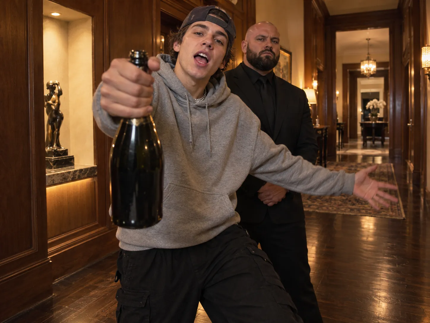 A young man in a grey hoodie and backwards cap lip-syncing to the camera in a wood-panelled mansion hallway, champagne bottle in hand, a bald bearded bodyguard in a dark suit behind him, the Popstar AI trend