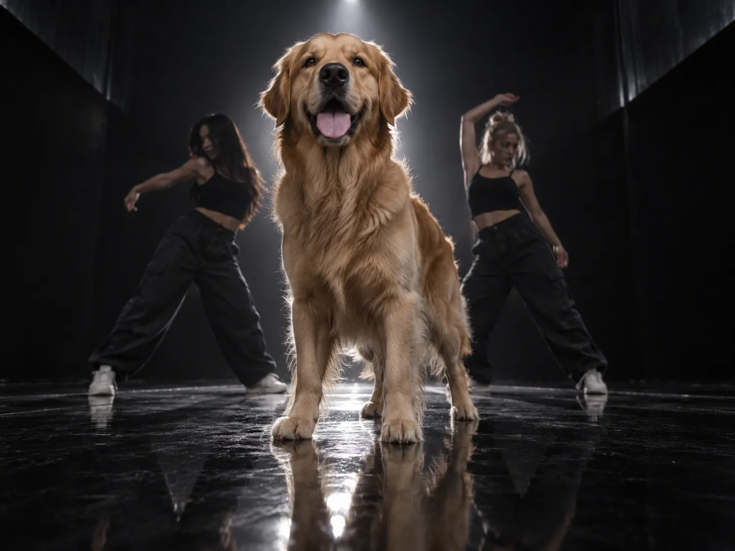 A tall golden retriever standing proud in a dark studio with a glossy black floor and two backup dancers
