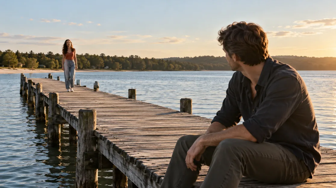 A young man sitting at the edge of a wooden lakeside pier, looking back toward a young woman at the far end of the pier in golden late-afternoon light